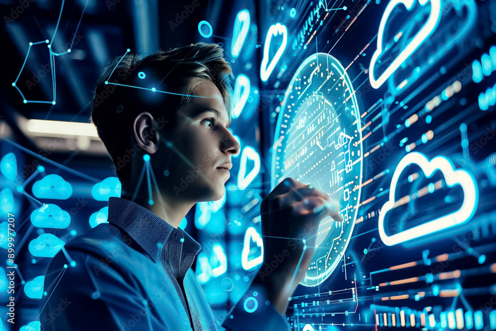 Poster a man is looking at a computer screen with a blue background