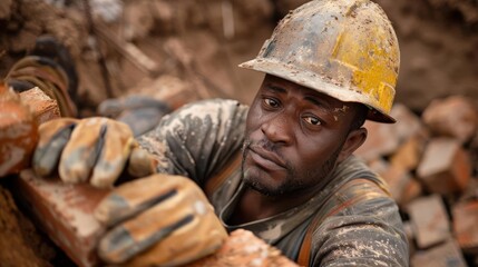 Fototapeta premium Construction worker laying bricks at a construction site
