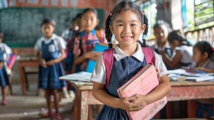 Fototapeta premium A cute little asian girl holding her book in front of the blackboard