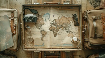 Traveler preparing suitcase with world map, camera and sunglasses