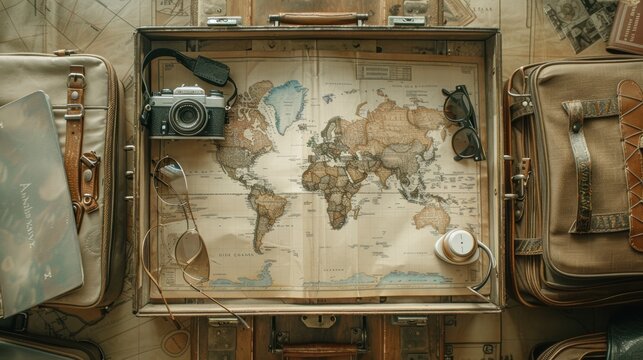 Traveler preparing suitcase with world map, camera and sunglasses - Powered by Adobe