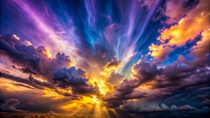 Fototapeta premium Dramatic vertical beam of light illuminates vibrant, swirling clouds of purple, blue, and gold against a dark, gradient background.