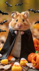 Cute hamster wearing vampire costume for halloween celebration