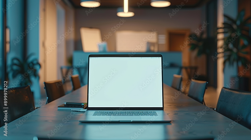 Wall mural laptop showing white screen sitting on desk in modern office conference room at night