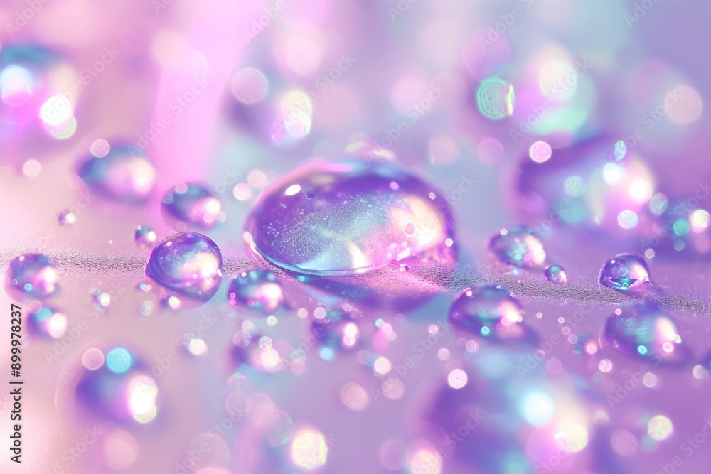 Poster a close up of a drop of water with a purple hue. the water droplets are scattered across the surface