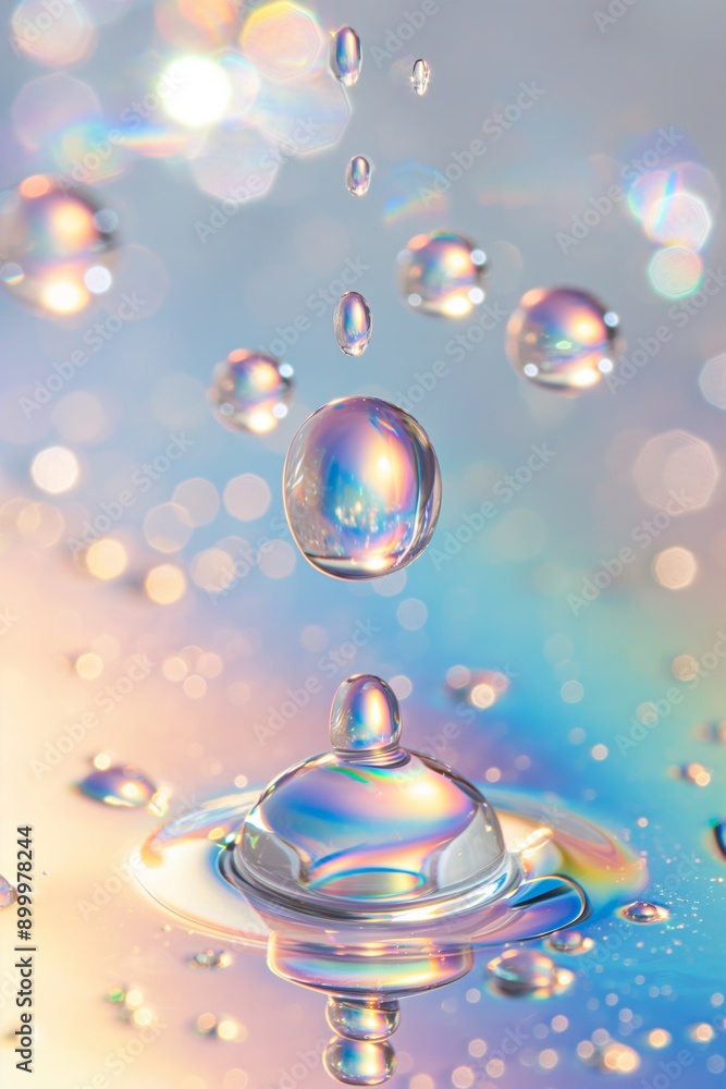Poster a drop of water is falling from the sky, creating a beautiful rainbow effect. the water droplets are