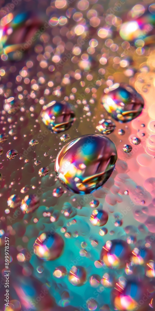 Poster a close up of a drop of water with a rainbow effect. the water droplets are scattered all over the i