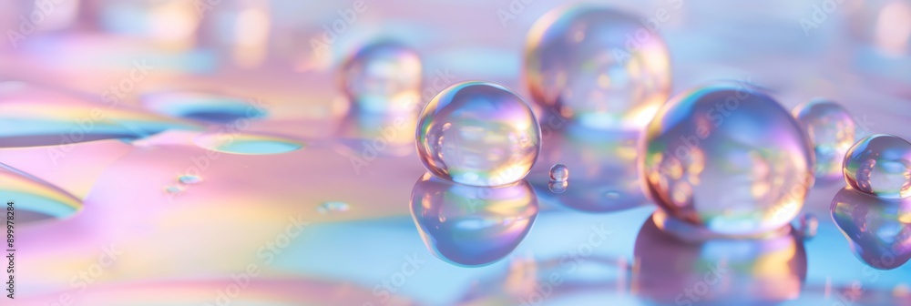 Poster a colorful image of many small, clear spheres floating on a blue surface. the spheres are of various