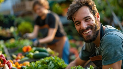 Realistic community composting project with participants adding food waste high-definition detail