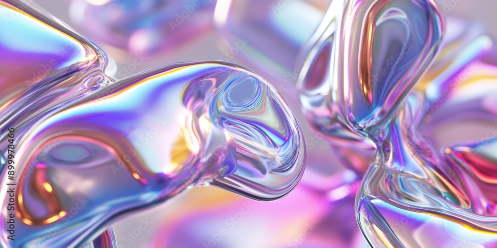 Poster a colorful, abstract image of a bunch of shiny, iridescent shapes. the shapes are all different size