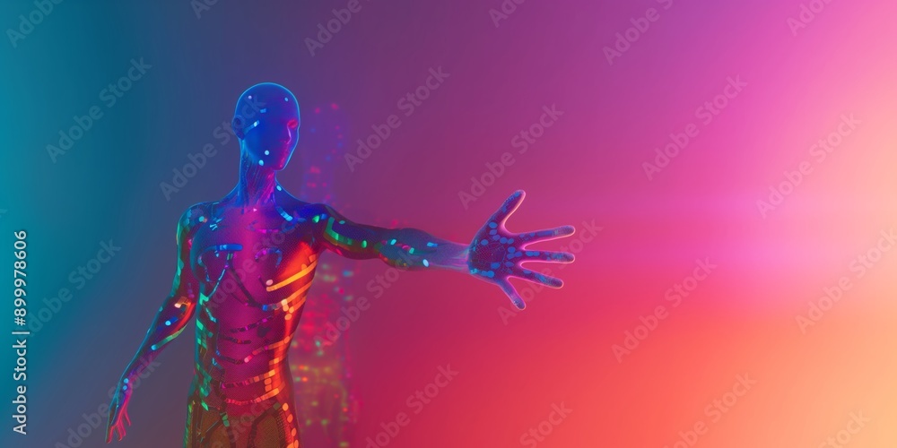 Poster a man in a colorful suit is reaching out with his hand. the image is a representation of the idea of