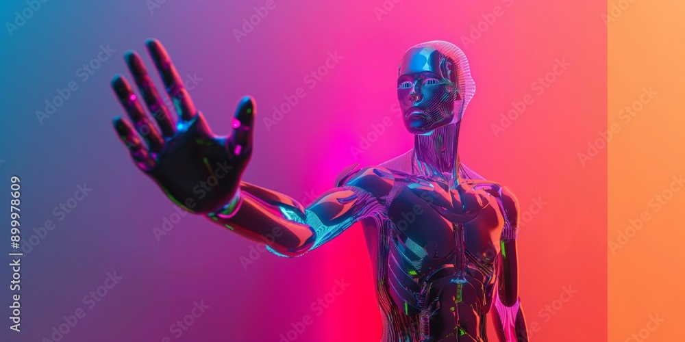 Poster a robot with a hand raised in the air. the robot is made of metal and has a futuristic look. the ima