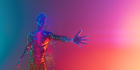 A man in a colorful suit is reaching out with his hand. The image is a representation of the idea of reaching out and connecting with others