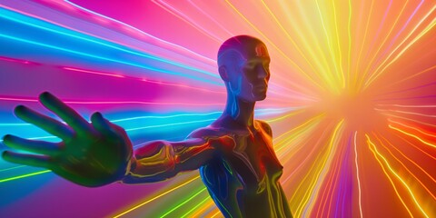 Obraz premium A man in a metallic suit is reaching out to the right. The image is a colorful, abstract representation of a man reaching out to the right. The colors are bright and vibrant