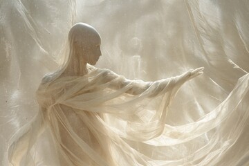A man is covered in white fabric and appears to be dancing. The image has a dreamy, ethereal quality to it, as if the man is floating through the air