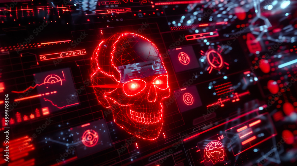 Canvas Prints a futuristic digital skull design illuminated in red, representing technology and cyber themes, idea