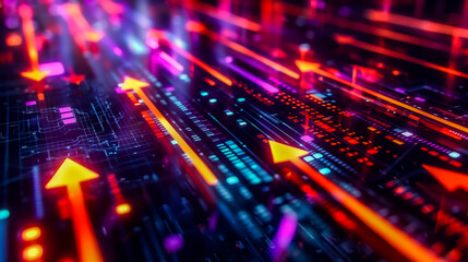 Fototapeta premium Dynamic neon arrows and lines in a vibrant digital landscape, representing technology, data flow, and innovation.