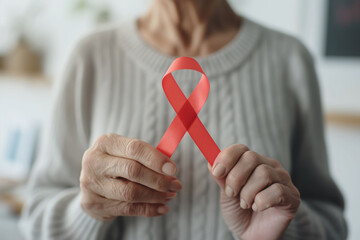 Close-up of an elderly woman holding a red ribbon, symbolizing HIV awareness.