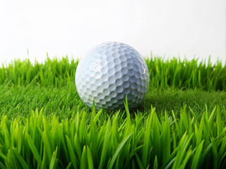 Fototapeta premium A pristine golf ball rests on a vibrant green grass field, perfectly centered and isolated against a clean white background, evoking a sense of tranquility.
