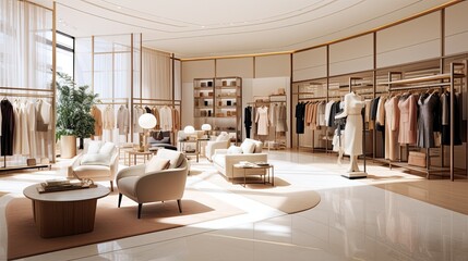 A pink clothing store with a staircase and a large window, offering a stylish and vibrant shopping experience.