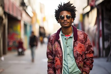 Fototapeta premium A man red jacket and sunglasses at street man fashion photography.