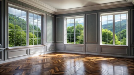 Elegant, serene, and minimalist interior features wooden floors, gray walls, white moulding, and...