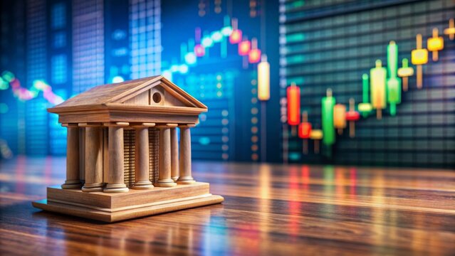 A miniature bank model sits confidently on a polished wooden table, set against a dynamic stock market background with scrolling tickers.