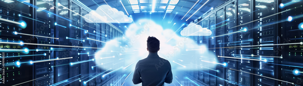 Poster a man is standing in front of a cloud of data