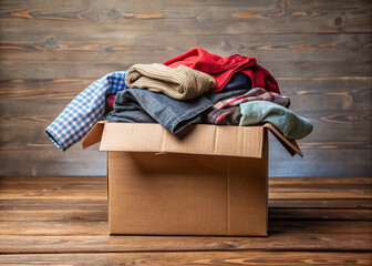 A cardboard box overflowing with gently used clothing and essentials, symbolizing kindness and generosity, sits alone on a wooden table, awaiting charitable distribution.