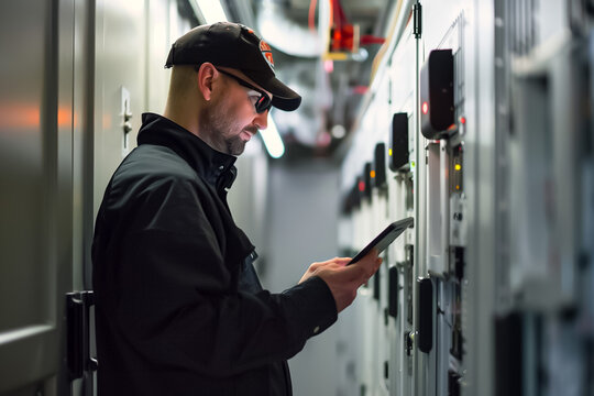 A man in a black jacket is looking at a tablet while standing in a room with man