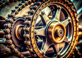 Close-up of a well-oiled motorcycle chain wrapped around a worn rear gear, showcasing intricate metal details and subtle textures in a dramatic, high-contrast setting.