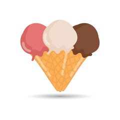 Ice cream cones with three flavor scoop chocolate, strawberry and vanilla flat icon for apps and web