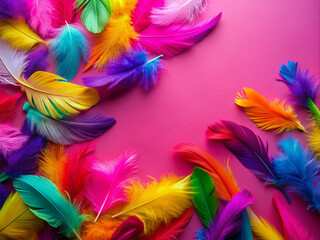 Obraz premium Vibrant colorful feathers scattered on a bright pink background in a flat lay, perfect for Mardi Gras themed designs with ample space for copy text or graphics.