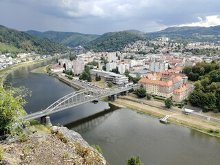 Decin town aerial panorama landscape view with the Labe river, Czech Republic.
