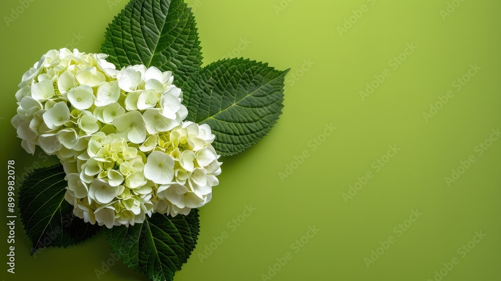 Poster hydrangea flower with green leaves on a green backdrop with empty space for text