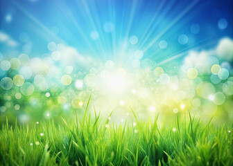 Obraz premium Serene sunny spring meadow with lush green grass, bright blue sky, abstract bokeh background, and ample space for text, evoking feelings of hope and renewal.