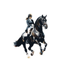 Female equestrian riding a black horse in a modern art style