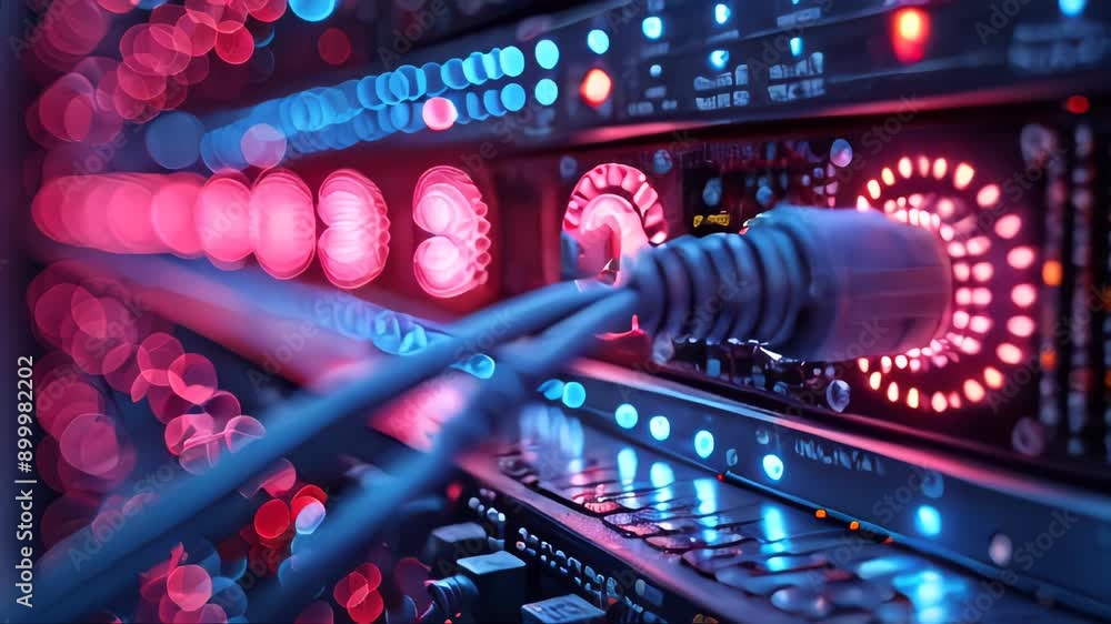 Poster network switch and ethernet cables in data center. internet and technology concept
