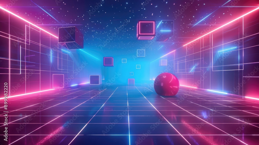 Aufkleber futuristic 3d background with glowing neon grids and floating geometric shapes.