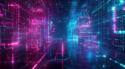 Obraz premium Futuristic 3D background with glowing neon grids and floating geometric shapes.