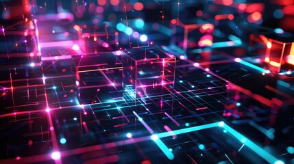 glowing neon grids and floating geometric shapes