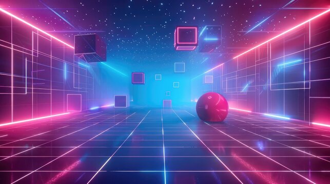 Futuristic 3D background with glowing neon grids and floating geometric shapes.