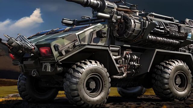 Military heavy armored armed SUV infantry fighting vehicle in battle on the battlefield in the war