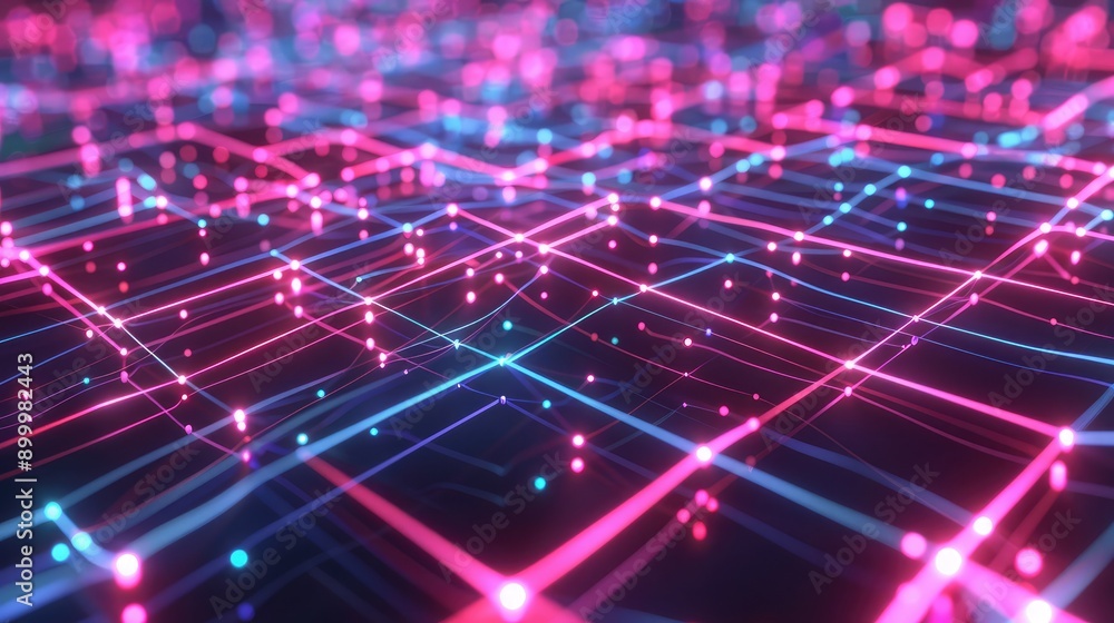Poster futuristic 3d grid with interconnected nodes and neon accents, representing digital connectivity.