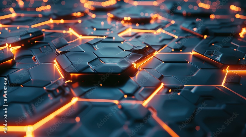 Poster futuristic 3d hexagons with glowing edges, creating a high-tech visual effect.