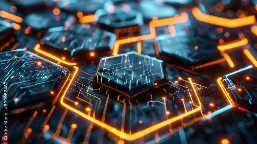 Poster futuristic 3d hexagons with glowing edges, creating a high-tech visual effect.