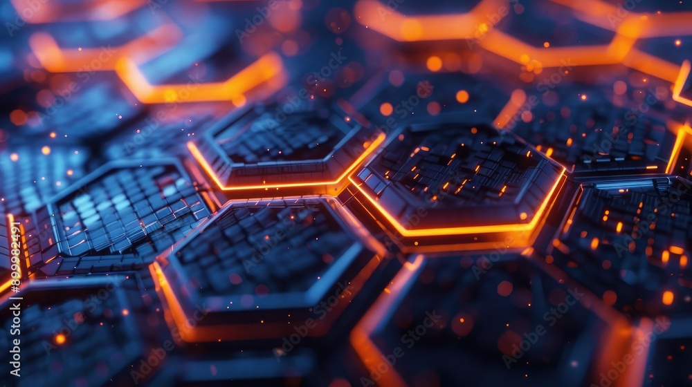 Poster futuristic 3d hexagons with glowing edges, creating a high-tech visual effect.