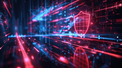 Futuristic abstract network with glowing lines and a shield, representing advanced network security.