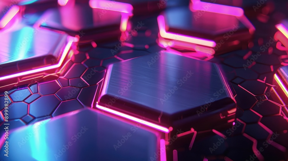 Poster geometric 3d background with overlapping hexagons and neon light effects, creating a futuristic look