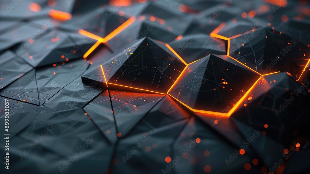 Poster geometric 3d shapes with glowing edges and dark backgrounds, creating a high-tech visual effect.
